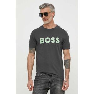 Boss Green tricou din bumbac barbati, culoarea gri, cu imprimeu imagine