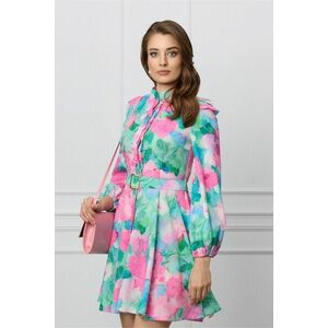 Rochie Dy Fashion verde cu imprimeuri roz si curea in talie imagine