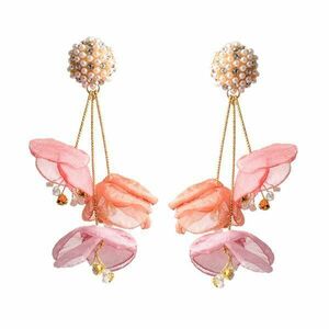 Cercei Celeste, roz, in forma de petale, decorati cu pietre si perle - Colectia Floral Paradise imagine