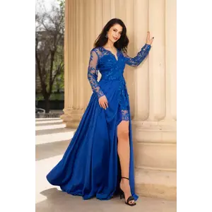 Rochie de seara Ivette albastru-royal din dantela si fusta din tafta imagine