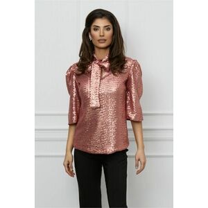 Bluza Dy Fashion rose din paiete cu funda la guler imagine