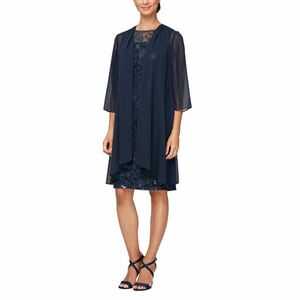 Imbracaminte Femei Alex Evenings Short Embroidered Dress with Elongated Illusion Jacket Navy imagine