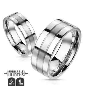 Inel din oțel - bandă argintie cu două caneluri, mat și lucios - Marime inel: 49 imagine