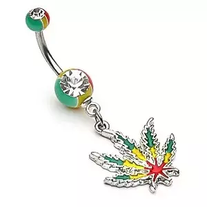 Piercing din oțel pentru buric - frunză de marijuana în culori rasta, zircon imagine