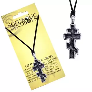 Colier - șnur și pandantiv de metal, cruce ortodoxă, cu patină imagine