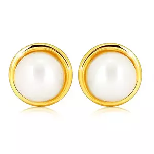 Cercei din aur galben 9K - perlă albă, de apă dulce, rotundă, inel subţire imagine