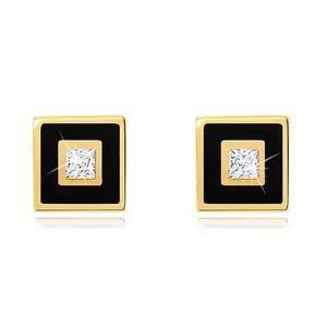 Cercei din aur 375 - pătrat ornat cu vopsea neagră, zirconiu transparent imagine