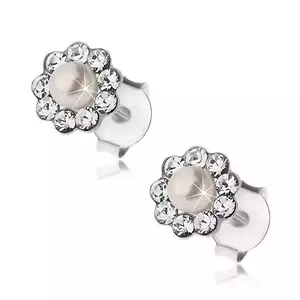 Cercei, argint 925, șuruburi, floare - cristale Preciosa și perlă mică albă imagine