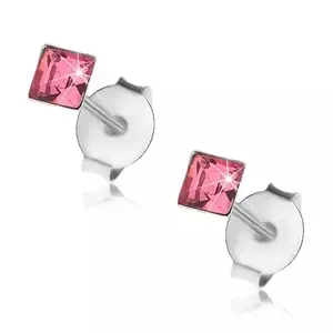 Cercei cu șurub, argint 925, cristal sub formă de pătrat roz, 3 mm imagine