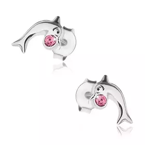 Cercei din argint 925, delfin lucios, săltăreţ cu cristal Swarovski roz imagine