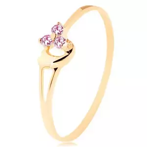 Inel din aur galben 14K - trei zirconii roz, inimă asimetrică convexă - Marime inel: 48 imagine