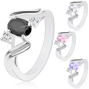 Inel de culoare argintie, braţe ondulate cu crestături, oval colorat - Marime inel: 52, Culoare: Negru imagine