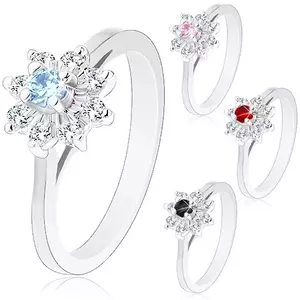 Inel lucios de culoare argintie, braţe înguste, zirconii în formă de floare - Marime inel: 49, Culoare: Roz imagine