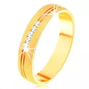 Inel din aur galben de 14K cu suprafaţă satinată, crestătură dublă, zirconii transparente - Marime inel: 48 imagine