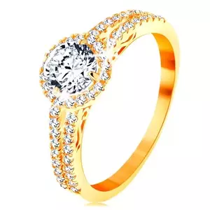 Inel din aur galben de 14K - zirconiu transparent cu margine strălucitoare, brațe decorate - Marime inel: 48 imagine