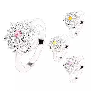 Inel strălucitor cu brațe lucioase, zirconii colorate șlefuite, contur de floare - Marime inel: 49, Culoare: Roz imagine