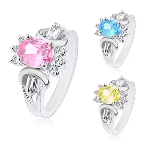 Inel argintiu, oval șlefuit colorat, zirconii rotunde și alungite transparente - Marime inel: 49, Culoare: Roz imagine