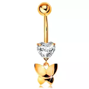 Piercing pentru buric din aur 375 - inimă transparentă, pandantiv fluture lucios imagine