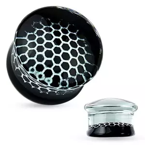Plug transparent pentru ureche, realizat din sticlă, model fagure de miere negru cu alb - Lățime: 10 mm imagine