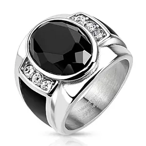 Inel din oțel cu decupaj oval negru, zirconii transparente și dungi negre - Marime inel: 59 imagine