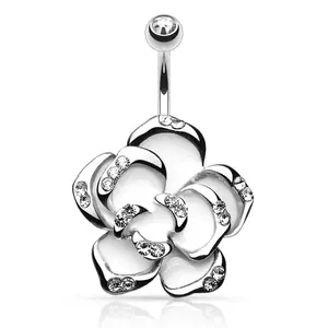 Piercing pentru buric din oțel inoxidabil, trandafir alb cu zirconii transparente imagine