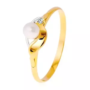 Inel din aur de 14 K, valuri în două culori, perla albă și diamant transparent - Marime inel: 48 imagine