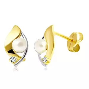 Cercei din aur de 14K - diamant transparent și perlă albă în picătură bicoloră imagine