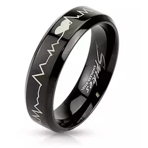 Inel din oțel inoxidabil negru - inimă și electrocardiogramă, 6 mm - Marime inel: 49 imagine