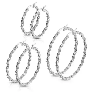 Cercei din oțel - bandă răsucită în spirală și lanț dublu, culoare argintie - Diametru: 30 mm imagine