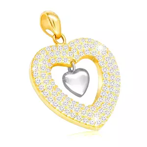 Pandantiv din aur combinat 585 - inimă lucioasă și un contur al inimii cu zirconii clare imagine