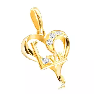 Pandantiv din aur galben 375 - inimă asimetrică cu zirconii și scris „Love” imagine