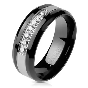 Inel din oțel într-o nuanță de argint negru - o dungă din zirconii clare, de 8 mm - Marime inel: 60 imagine