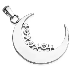 Pandantiv din oțel într-o culoare argintie - jumătate de lună, stele minuscule, cerc cu zirconiu clar imagine