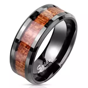Inel de oțel într-o culoare neagră - dungi cu un motiv de lemn, glazură netedă - Marime inel: 54 imagine