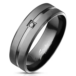 Inel din oțel - zircon rotund negru, benzi mate, suprafață netedă - Marime inel: 59 imagine