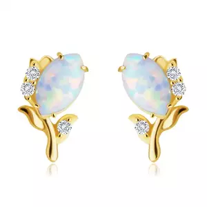 Cercei din aur de 14K - floare cu opal sintetic alb, zirconii mici rotunde, știfturi imagine
