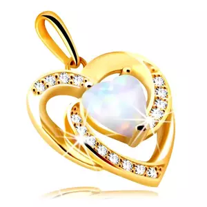 Pandantiv din aur de 14K - inimă din opal sintetic alb cu reflecții de curcubeu, zirconii rotunde imagine