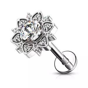 Piercing pentru bărbie, buză sau ureche - floare cu un zircon în centru, 8 mm - Culoare zirconiu piercing: Argintiu – transparent imagine