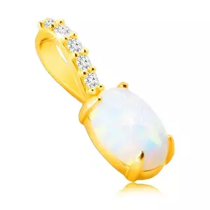 Pandantiv din aur galben de 14K - opal sintetic oval, reflexe curcubeu, diamante imagine