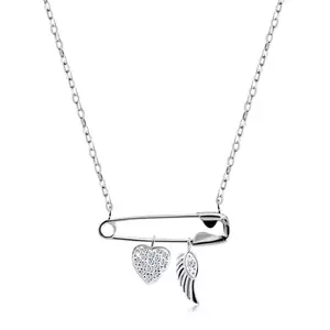 Colier din argint 925 - ac de siguranță cu pandantive, inimă cu zirconii, aripă de înger imagine