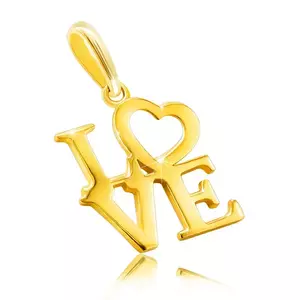 Pandantiv din aur galben de 9K - inscripție „LOVE” cu majuscule, inimă ca litera O imagine