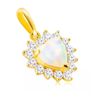 Pandantiv de aur de 9K – opal sintetic alb în formă de inimă, marginea din zirconii rotunde transparente imagine