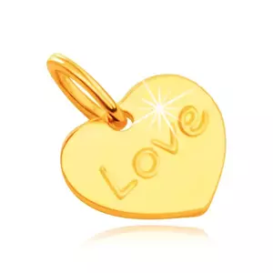 Pandantiv din aur galben de 9K - inimă plată simetrică cu inscripția gravată „Love”, lustruită în oglindă imagine