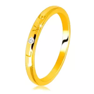 Inel din aur galben de 9K - inscripția „LOVE” cu zircon, suprafață netedă, 1, 5 mm - Marime inel: 49 imagine