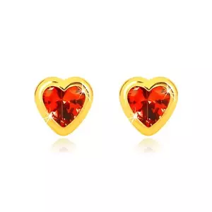 Cercei din aur galben de 14K - zircon inimă roșie, montură netedă imagine