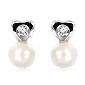 Cercei cu diamant, din aur alb de 9K - inimă mică, diamant transparent, perlă netedă imagine