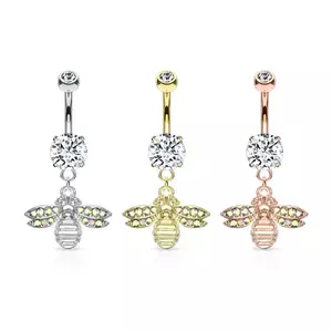 Piercing pentru buric, din oțel - albină cu aripi de cristal curcubeu, cristal transparent într-o montură - Culoare: Arămiu imagine