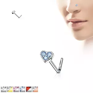 Piercing curbat din otel pentru nas - inimă decorată cu zirconii, diverse culori - Culoare zirconiu piercing: Argintiu - albastru imagine