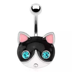 Piercing pentru buric, din oțel inoxidabil – pisică cu ochi albaștri, cap alb-negru imagine