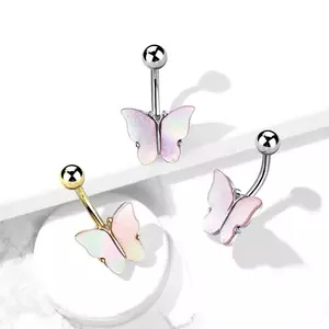 Piercing pentru buric, din oțel – fluture acoperit cu strat de scoică, acoperit prin tehnologie PVD - Culoare: Argintiu imagine